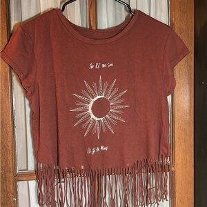 American Eagle Outfitters Rust Red Fringe Crop Top with Sun Graphic